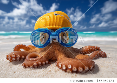 Octopus wearing a yellow swim cap and blue snorkeling mask on the beach. Bright daylight with turquoise sea and clear sky. Octopus wearing a yellow swim cap and blue snorkeling mask on the beach. Bright daylight with turquoise sea and clear sky. 136269523