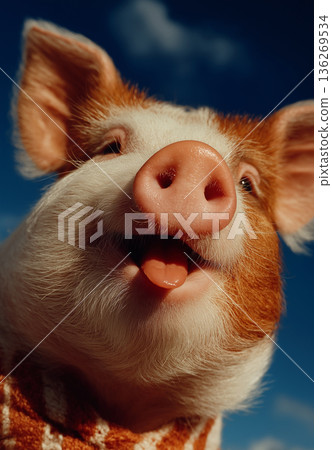 Piglet grins with tongue out in a blue background. Bright sunlight highlights the piglet's pink snout and white fur. Piglet grins with tongue out in a blue background. Bright sunlight highlights the piglet's pink snout and white fur. 136269534