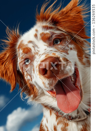 Dog sticks out its tongue against a blue sky. Bright close-up portrait of an orange and white dog with blue eyes. Dog sticks out its tongue against a blue sky. Bright close-up portrait of an orange and white dog with blue eyes. 136269535