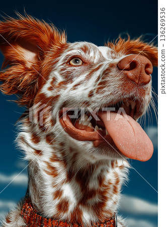 Dog with its tongue out against a blue background. Orange collar adds color. 136269536