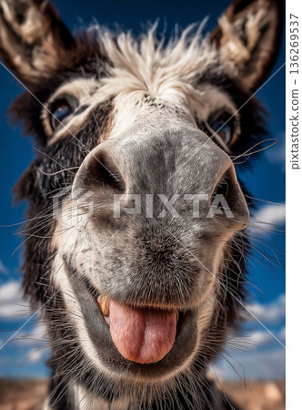 Alpaca close up with tongue out against blue background. Blue sky provides a vivid backdrop. Alpaca close up with tongue out against blue background. Blue sky provides a vivid backdrop. 136269537