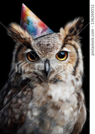 Owl wearing a colorful party hat against a black background. The owl's amber eyes stare forward. Owl wearing a colorful party hat against a black background. The owl's amber eyes stare forward. 136269552