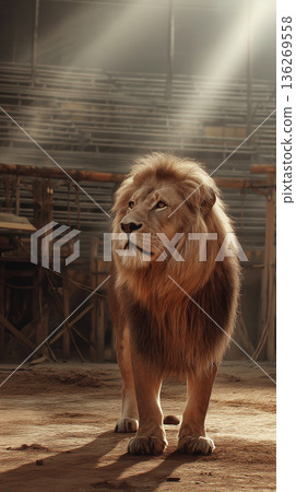 Lion stands in a sunlit zoo enclosure. Spotlight beams through dusty air. Lion stands in a sunlit zoo enclosure. Spotlight beams through dusty air. 136269558