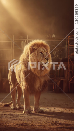 Lion stands in a zoo enclosure under warm spotlight. Golden hour light frames the regal mane. 136269559