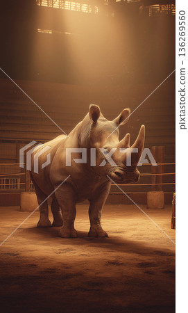 Rhino stands in a dimly lit zoo enclosure. A warm spotlight from above creates a dramatic amber mood. Rhino stands in a dimly lit zoo enclosure. A warm spotlight from above creates a dramatic amber mood. 136269560