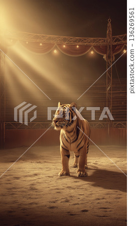 Tiger stands in the circus arena under warm stage lights. Bright bulbs glow above the ring at night. Tiger stands in the circus arena under warm stage lights. Bright bulbs glow above the ring at night. 136269561