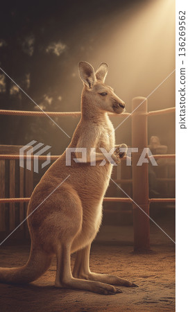 Kangaroo stands upright in a zoo enclosure. Golden sunset light fills the scene. Kangaroo stands upright in a zoo enclosure. Golden sunset light fills the scene. 136269562