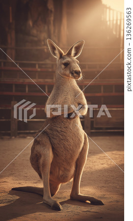 Kangaroo stands upright with arms folded in a zoo enclosure. Golden sunlight bathes the scene. 136269563