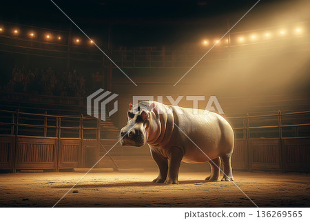 Hippo stands in a circus ring under a warm spotlight. Amber lights highlight the hippopotamus in the ring. 136269565