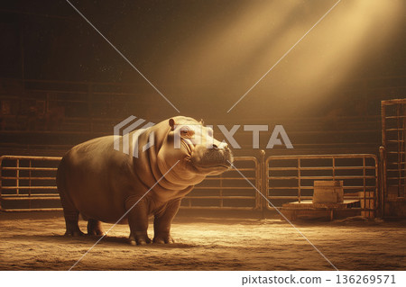Hippopotamus stands in dim arena. Spotlight shines on hippopotamus in sandy enclosure. 136269571