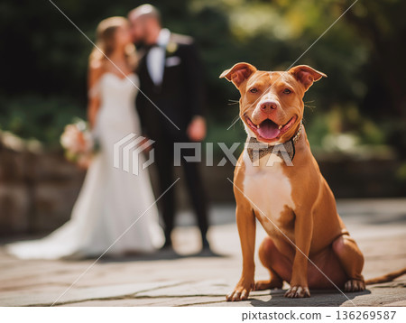 Dog with bow tie sits at a garden wedding. The smiling dog is front and center in bright sunlight. Dog with bow tie sits at a garden wedding. The smiling dog is front and center in bright sunlight. 136269587