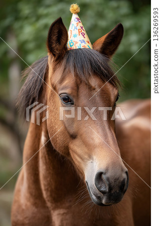 Horse wearing a birthday party hat in a garden. Colorful party hat creates a festive mood. Horse wearing a birthday party hat in a garden. Colorful party hat creates a festive mood. 136269593