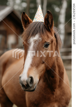 Horse wearing a polka dot party hat at a stable. Party hat signals a birthday celebration. Horse wearing a polka dot party hat at a stable. Party hat signals a birthday celebration. 136269594