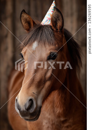 Horse wearing a party hat in a barn. Festive hat and warm light create a cheerful mood. Horse wearing a party hat in a barn. Festive hat and warm light create a cheerful mood. 136269595