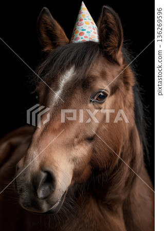 Horse wearing a birthday party hat on a black background. Festive birthday theme with a close-up portrait. Horse wearing a birthday party hat on a black background. Festive birthday theme with a close-up portrait. 136269596
