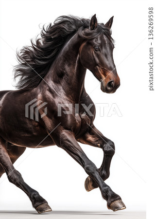 Black horse rears in a studio against a white background. Mane flows wildly as the powerful horse showcases motion. Black horse rears in a studio against a white background. Mane flows wildly as the powerful horse showcases motion. 136269598