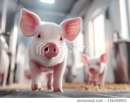 White piglet walks toward the camera in a barn. Other piglets stand in the background. White piglet walks toward the camera in a barn. Other piglets stand in the background. 136269601