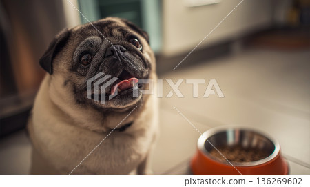 Pug looks up in the kitchen. Orange bowl sits beside the dog. Pug looks up in the kitchen. Orange bowl sits beside the dog. 136269602