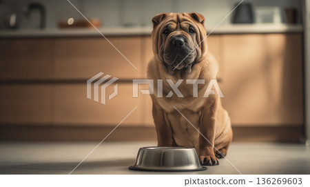 Shar-Pei dog stands beside a stainless steel bowl in a kitchen. Warm kitchen lighting creates a cozy mood. 136269603