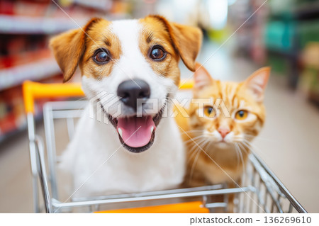 Beagle and orange tabby cat ride in a shopping cart inside a grocery store. Curiosity and joy emerge from the beagle and cat. Beagle and orange tabby cat ride in a shopping cart inside a grocery store. Curiosity and joy emerge from the beagle and cat. 136269610