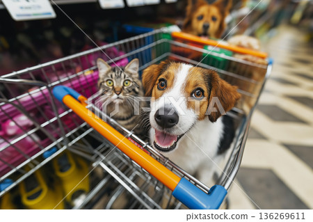 Dog and cat ride in a shopping cart at a grocery store. Bright store lighting highlights a happy dog. Dog and cat ride in a shopping cart at a grocery store. Bright store lighting highlights a happy dog. 136269611