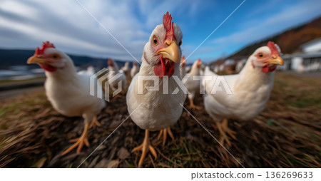 White chickens gather in a farmyard. Bright daylight highlights the flock. White chickens gather in a farmyard. Bright daylight highlights the flock. 136269633