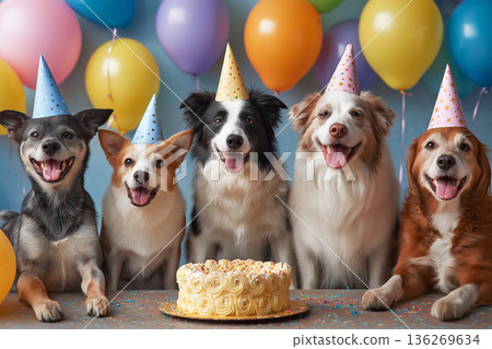 Five dogs wear party hats and pose for a birthday party in a studio. Colorful balloons and a cake complete the festive scene. 136269634