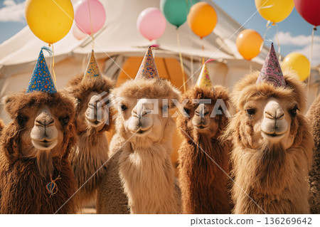 Camels wearing party hats gather at a festival tent. Balloons float above a sunny celebration. Camels wearing party hats gather at a festival tent. Balloons float above a sunny celebration. 136269642