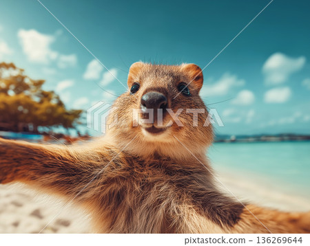 Meerkat takes a close up selfie on a beach. Bright blue sky and turquoise sea create a sunny mood. 136269644