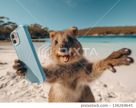 Quokka takes a selfie on a tropical beach. Bright daylight and turquoise water set a playful mood. 136269645