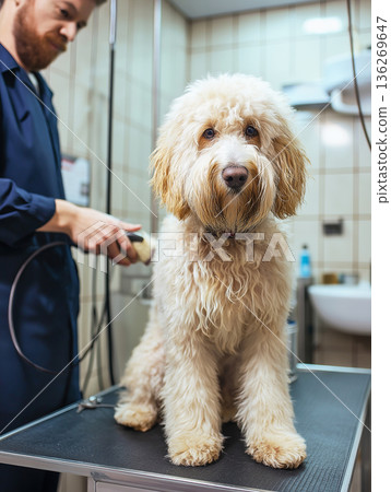 Fluffy dog sits on a grooming table in a veterinary clinic. Clippers buzz as the groomer works. Fluffy dog sits on a grooming table in a veterinary clinic. Clippers buzz as the groomer works. 136269647