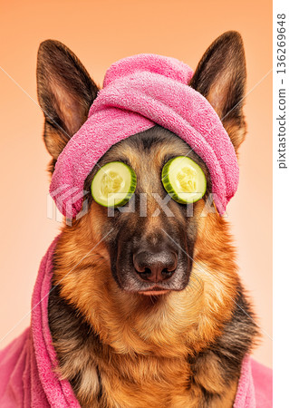 German shepherd wearing cucumber slices over eyes relaxes in a pink background spa setup. Towel wrapped around the head adds to the spa vibe. 136269648