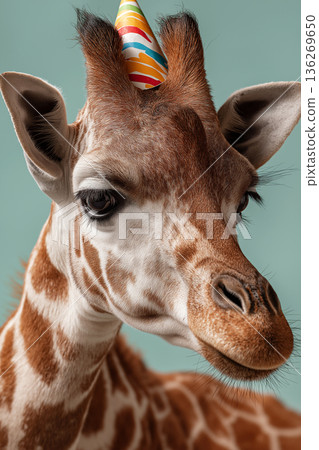 Giraffe wearing party hat in photo studio. This whimsical giraffe party scene conveys celebration. 136269650
