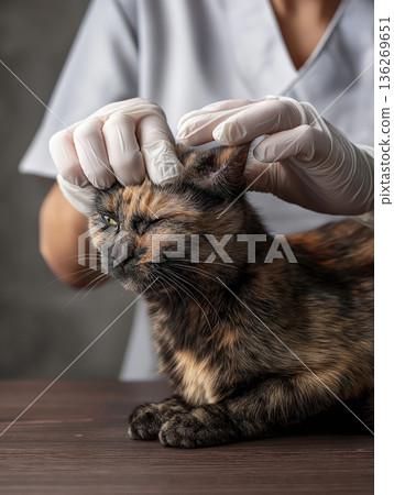 Veterinarian examines tortoiseshell cat at the clinic. Gloved hands hold the cat steady for examination. Veterinarian examines tortoiseshell cat at the clinic. Gloved hands hold the cat steady for examination. 136269651