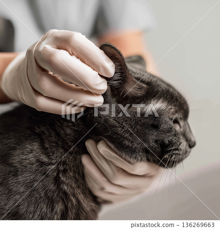 Black cat treated by veterinarian cleaning ear at veterinary clinic. Gloved hands steady the cat during ear care. Black cat treated by veterinarian cleaning ear at veterinary clinic. Gloved hands steady the cat during ear care. 136269663