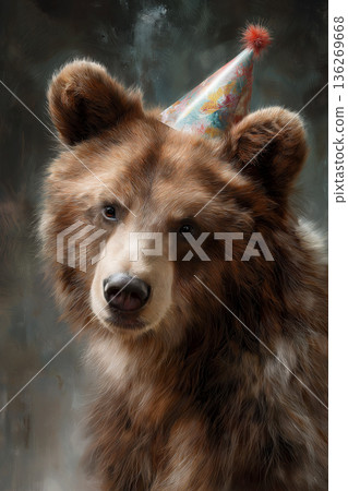 Brown bear wearing a party hat in a studio. Party hat adds festive whim to the portrait. Brown bear wearing a party hat in a studio. Party hat adds festive whim to the portrait. 136269668
