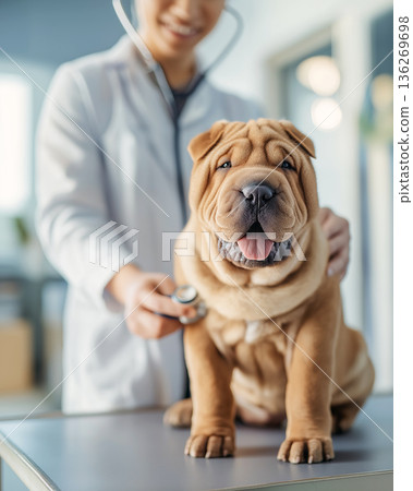 Veterinarian examines Shar-Pei puppy on examination table at veterinary clinic. A vet conducts a medical checkup while the dog sits calmly. Veterinarian examines Shar-Pei puppy on examination table at veterinary clinic. A vet conducts a medical checkup while the dog sits calmly. 136269698