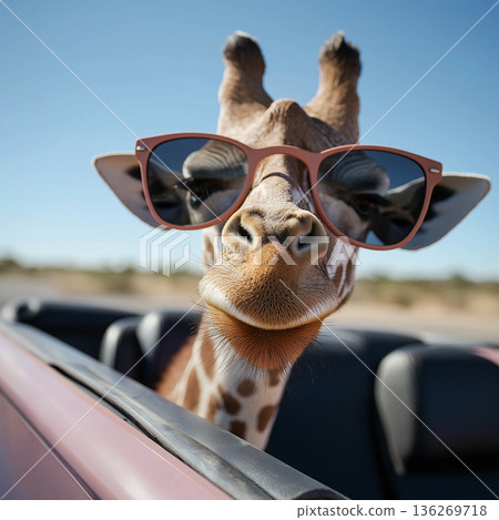 Giraffe wearing sunglasses on a safari adventure in a car under sunny skies Giraffe wearing sunglasses on a safari adventure in a car under sunny skies 136269718