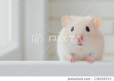 Adorable white rodent with soft fur and gentle eyes, showcasing innocence and curiosity. 136269723
