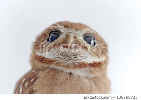 Owl Closeup Portrait with Brown Feathers and Big Eyes in Wildlife Nature Owl Closeup Portrait with Brown Feathers and Big Eyes in Wildlife Nature 136269725