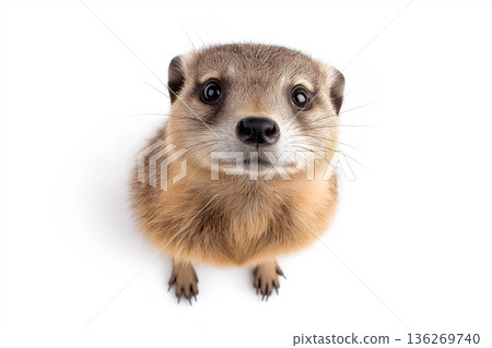 Cute meerkat wildlife portrait with curious eyes in natural habitat 136269740