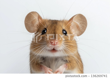 Cute mouse with fur and whiskers, displaying small ears of an adorable rodent animal Cute mouse with fur and whiskers, displaying small ears of an adorable rodent animal 136269741