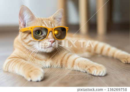 Chill Tabby Cat with Sunglasses Relaxing in Stylish Indoor Photography Chill Tabby Cat with Sunglasses Relaxing in Stylish Indoor Photography 136269758