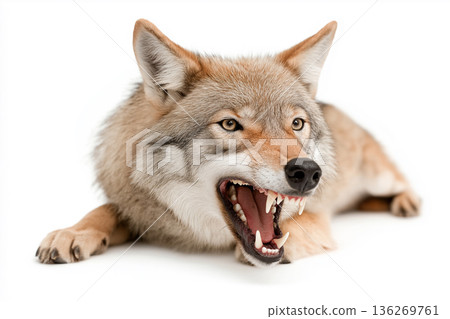 Wolf face highlighting fierce eyes, teeth, and fur in this wild and powerful animal portrait Wolf face highlighting fierce eyes, teeth, and fur in this wild and powerful animal portrait 136269761