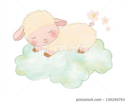 Cute lamb illustration with fluffy clouds and flowers in a pastel cartoon style 136269763