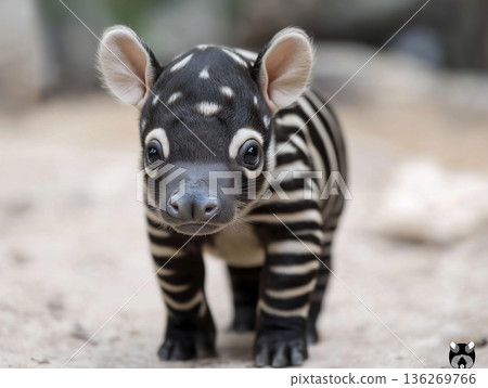 Adorable baby tapir with distinctive stripes in a natural wildlife habitat 136269766