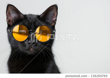 Black cat wearing stylish sunglasses looking cool and sleek with fur and whiskers. Black cat wearing stylish sunglasses looking cool and sleek with fur and whiskers. 136269769