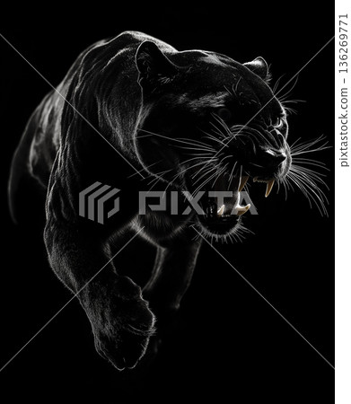 Fierce black panther in the dark, showcasing wild nature and predator instincts. Fierce black panther in the dark, showcasing wild nature and predator instincts. 136269771