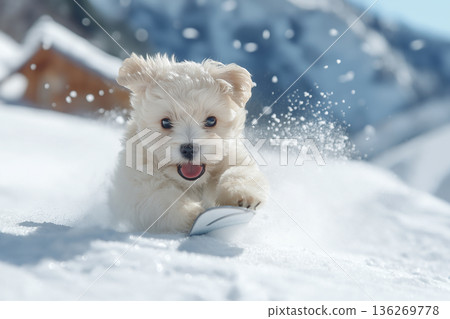 Maltese puppy playing in the snow, cute and playful winter fun dog Maltese puppy playing in the snow, cute and playful winter fun dog 136269778