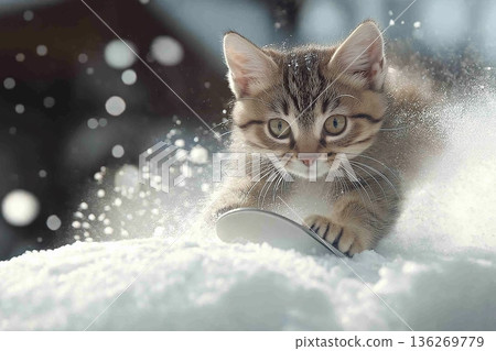 Tabby kitten enjoys winter snow, cute playful pet in outdoor nature photography scene Tabby kitten enjoys winter snow, cute playful pet in outdoor nature photography scene 136269779